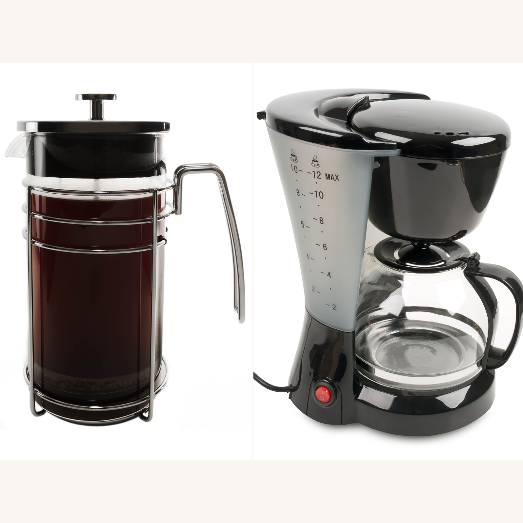Image of a French press and a drip coffee maker. French press coffee vs drip.