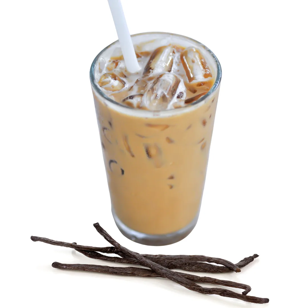 Image of an iced blonde vanilla bean coconut latte and vanilla beans.