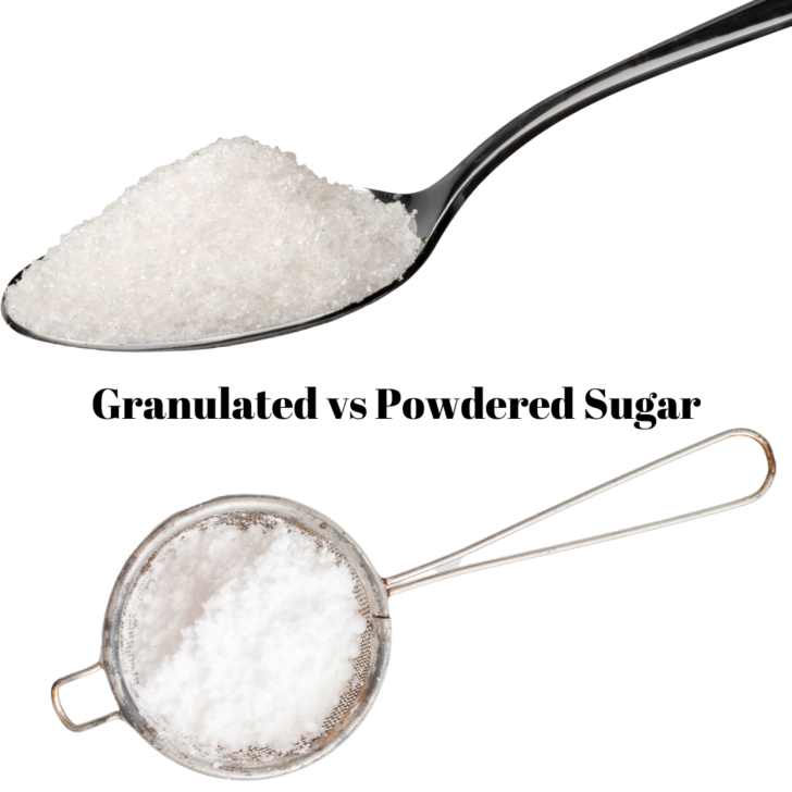 image of spoonful of granulated sugar and powdered sugar. Powdered sugar in coffee
